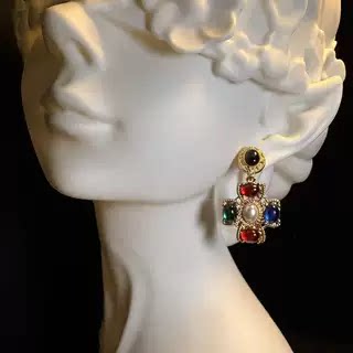 Color Gem Cross Earrings