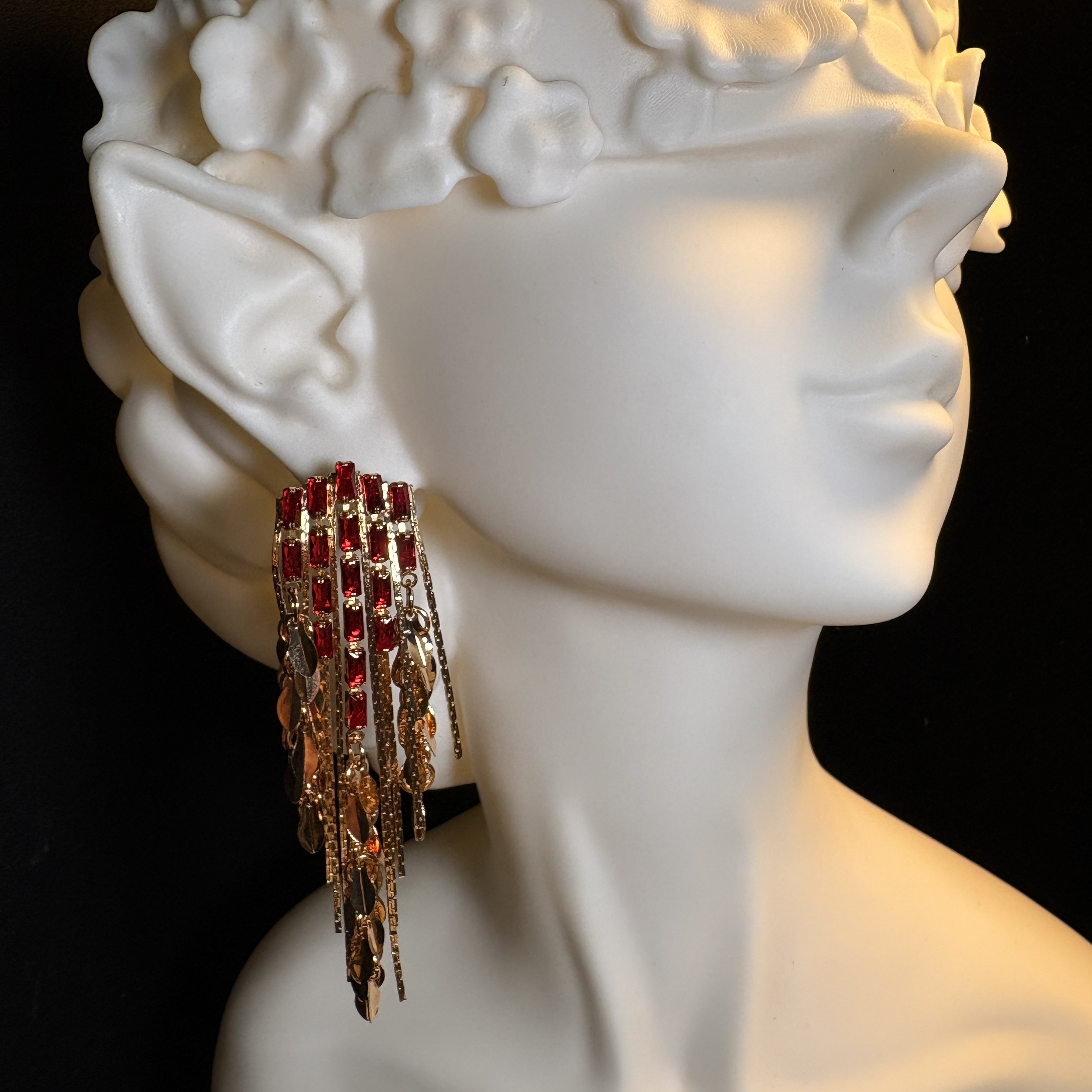 Ruby Accent Gold Tassel Earrings