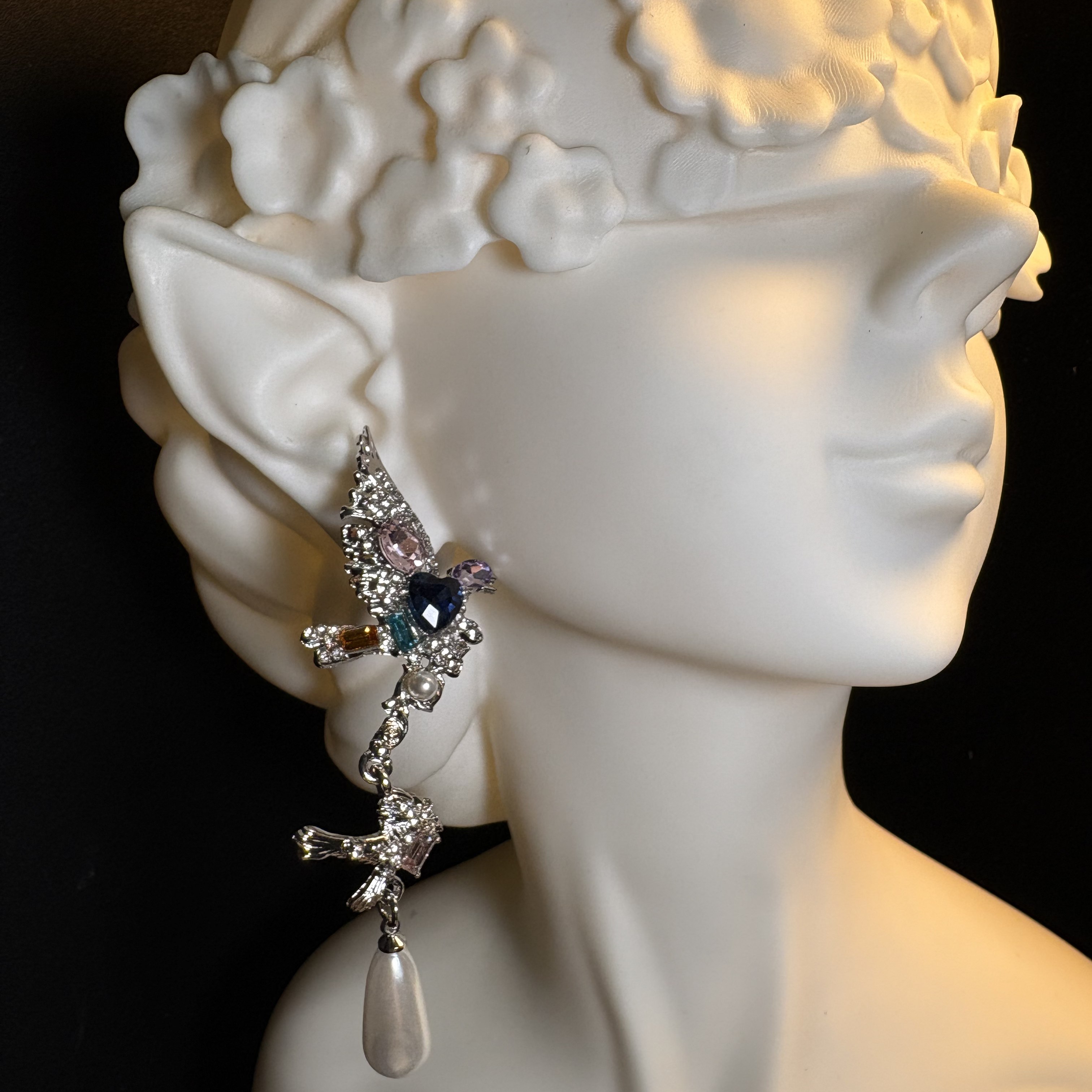 Multi-Gem Wing Pearl Earrings